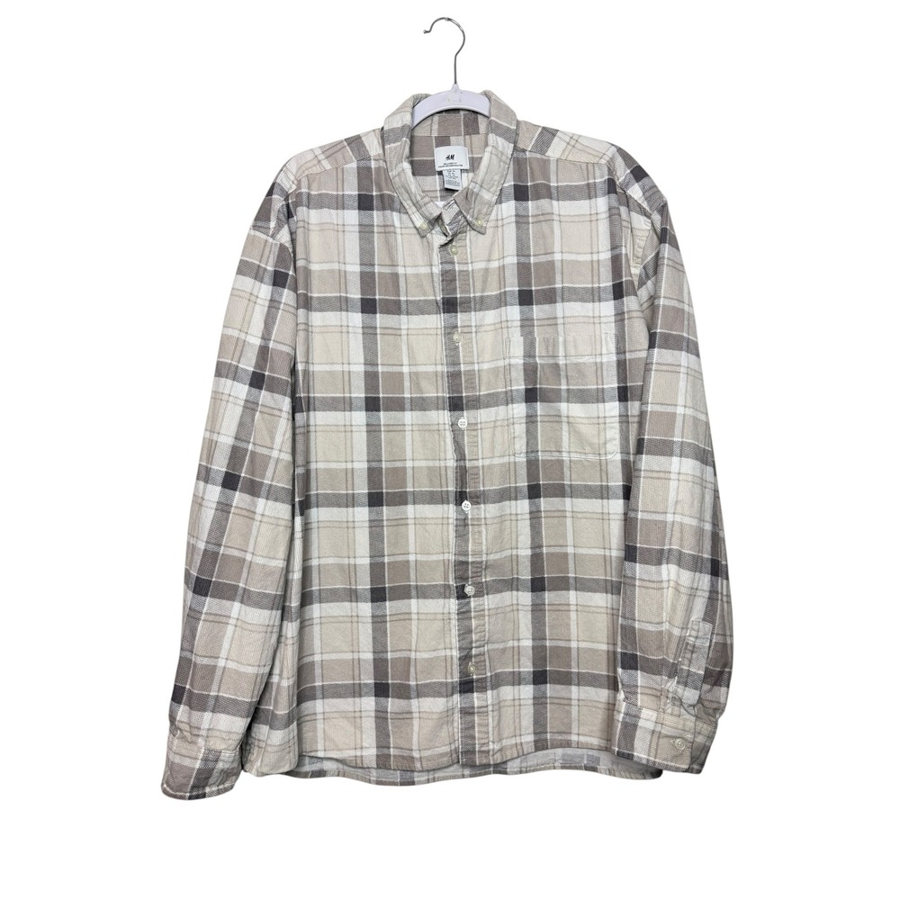 H&M Mens Relaxed Fit Plaid Long Sleeve Button Down Shirt‎ XL Beige Brown Cozy